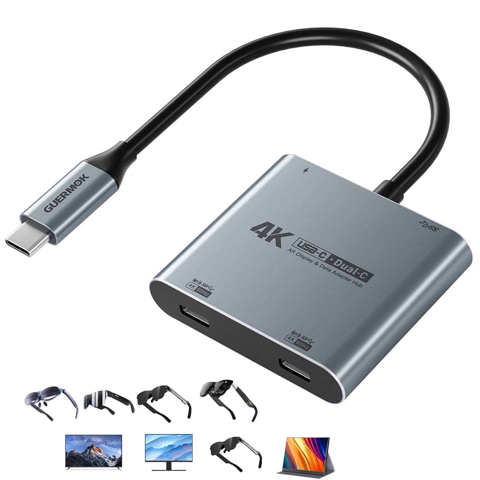 Photo 1 of Guermok 4-in-1 Dual USB-C Display Hub, 4K@60Hz Video, PD 100W Fast Charging & USB 3.0 5Gbps, Compatible with AR Glasses, Switch 2, Laptops, Portable Monitors & Type-C Displays?Silver?