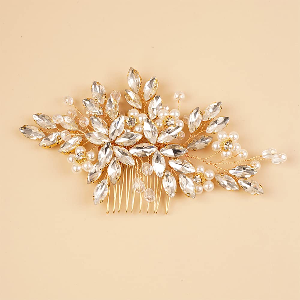 BERYUAN Pearls Rhinestone Flowers Hair Comb Teardrop Crystal Rhinestone Wedding Headband Gold Bride Headband Crystal Rhinestone Pearls Wedding Headpiece for Women Girls (GOLD)