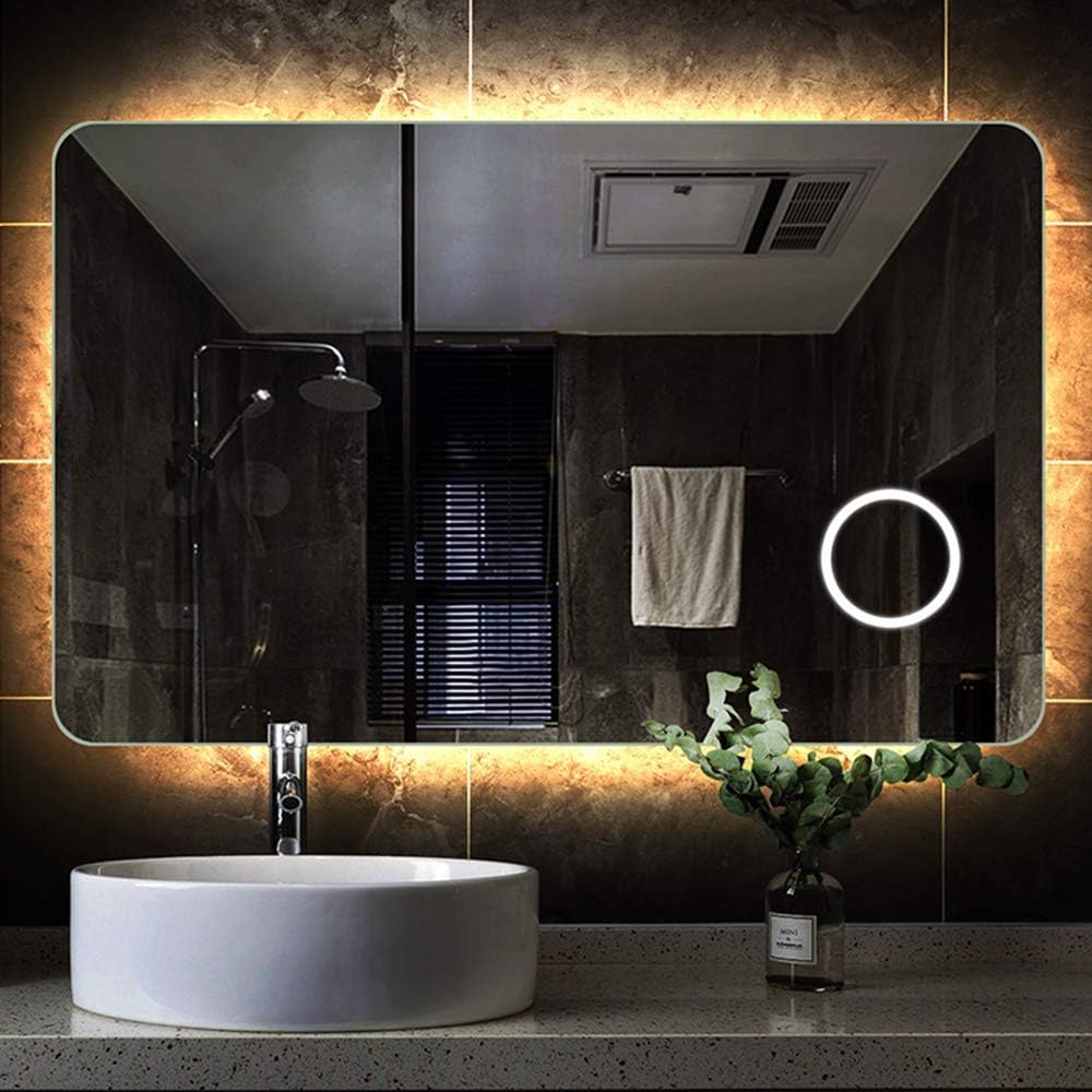 HZWLF Bathroom Mirror Led Frameless Light Anti-Fog Make-up with Lamp Use 5mm Magnifier Smart Touch 50 70cm