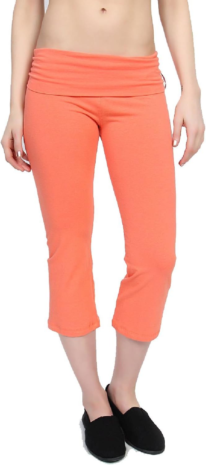 Dustin Clothes Basic Foldover Waist Cropped Yoga Pants Flared Lounge Capri Shorts