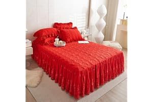 Zhiyuan Flower Pattern Quilted Brocade Cotton Bedspread with Lace Ruffled Bed Skirt, Queen Size, Red