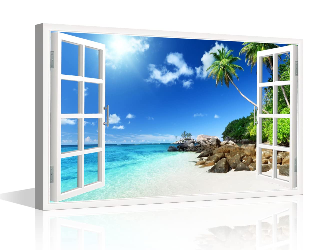 Wall Decorations for Living Room Window View Wall Art Ocean Beach Palm Wall Art Sunset Sea Tree Landscape Bedroom Decor Artwork for Home Walls Stretched and Framed Ready to Hang (24"W x 16"H)