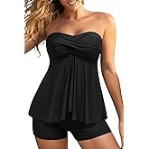 Women Strapless Tankini Swimsuits - 2 Piece Halter Bathing Suit Bandeau Flyaway Top with High Waist Swim Shorts
