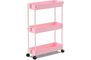 SPACEKEEPER Slim Rolling Storage Cart, 3 Tier Bathroom Organizer Utility Cart Laundry Room Organization Mobile Shelving Unit for Kitchen, Bathroom, Office, Bedroom, Narrow Places, Pink