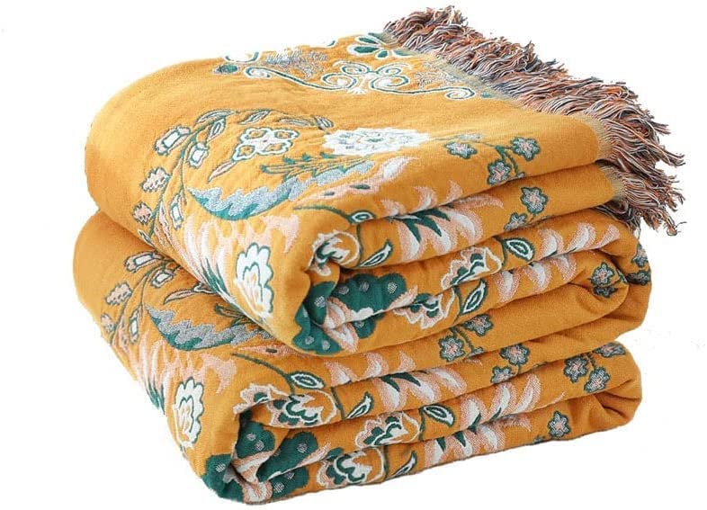 HOORDRY Boho Throw Blanket for Bed 100% Cotton Super Soft Floral Print Decorative Sofa Blanket，60"×80" All Season Rustic Vintage Throw Suitable for Chair Bed Sofa Yellow & Green — image 1