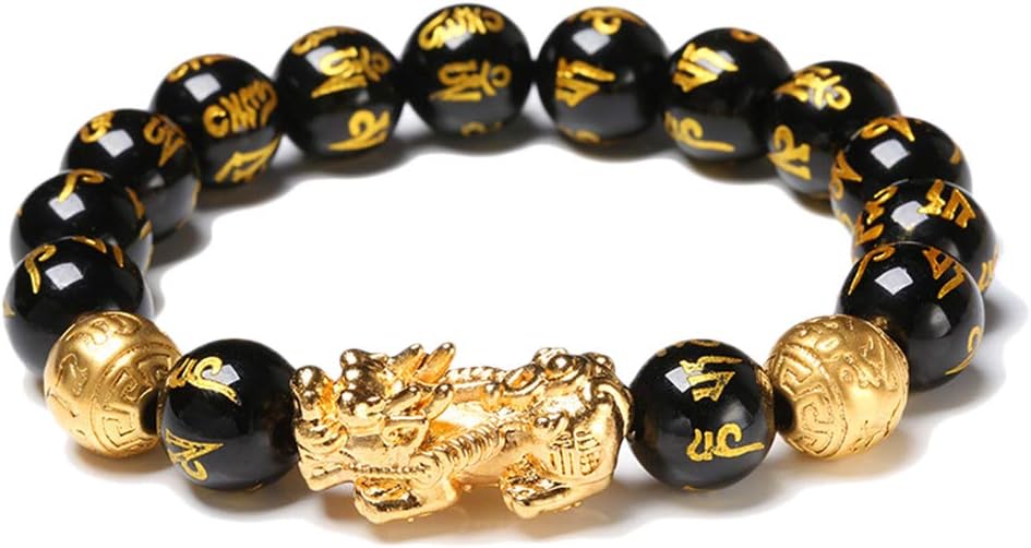 Worglo Crystal Beaded Bracelet,Black Obsidian Wealth Bracelet with Golden Pi Xiu Lucky Wealthy Amulet Bracelet