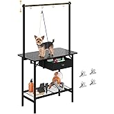 Dog Grooming Table with Drawers and Mesh Tray,32 Inch Adjustable Pet Grooming Table with Non-slip Removable Washable Mat and EVA Protective Lanyard ,Professional Grooming Table for small Dogs at Home