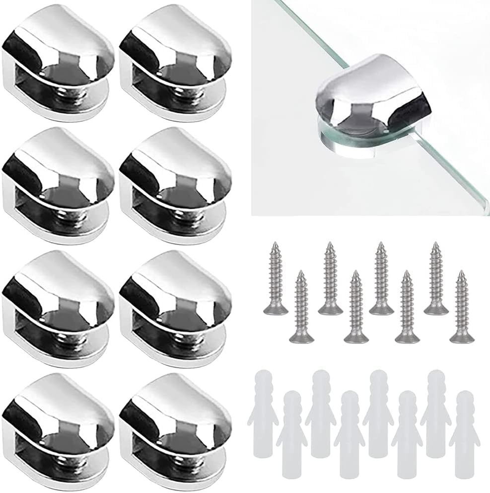 Pack of 8 Glass Clamps, Adjustable Glass Holder, Strong Zinc Alloy Clamp Bracket, Adjustable Glass Divider, for Installing 6-10 mm Thick Glass and Acrylic Glass, Silver (with Expansion Screw)