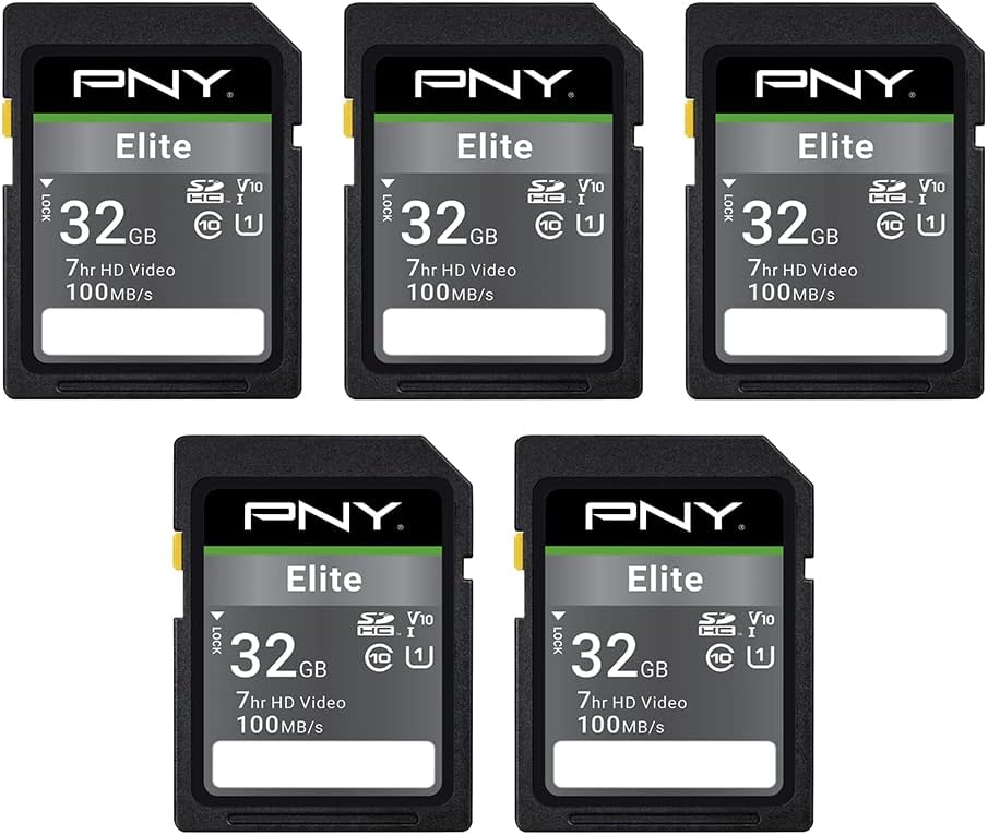 PNY 32GB Elite SDHC Memory Card 100MB/s Class 10 U1 V10 UHS-I Full HD 5-Pack