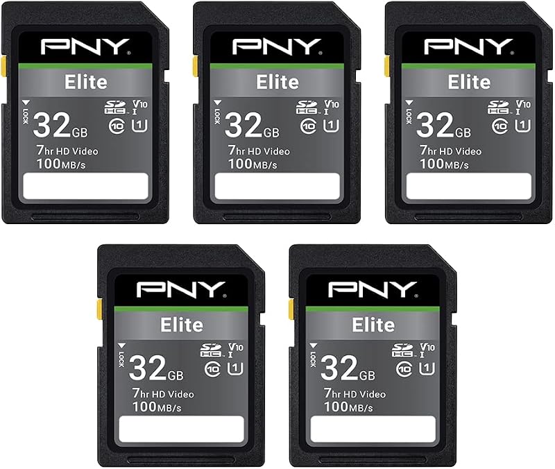 PNY 32GB Elite SDHC Memory Card 100MB/s Class 10 U1 V10 UHS-I Full HD 5-Pack