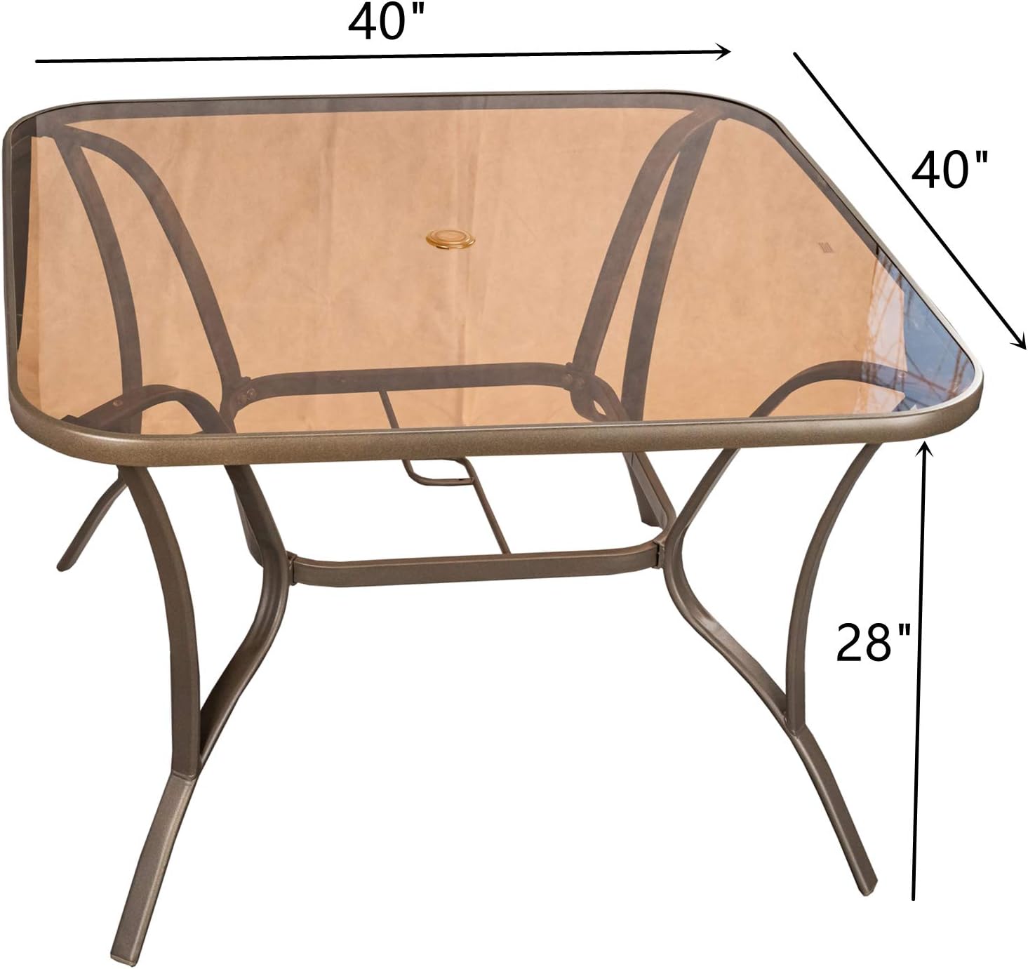 40" Outdoor Patio Dining Table Metal Square Bistro Coffee Table Furniture, Golden Brown Tempered Glass Top with Umbrella Hole: Kitchen & Dining