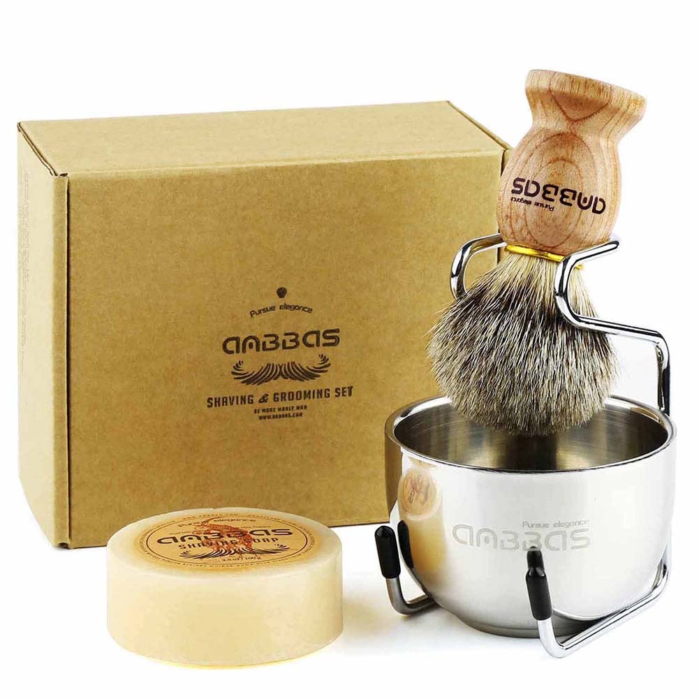 Anbbas Badger Hair Shaving Brush with Wood Handle,Goat Milk Shaving Soap 100g,Stainless Steel Shaving Stand and 2 Layers Shaving Bowl Perfect for Men Gift