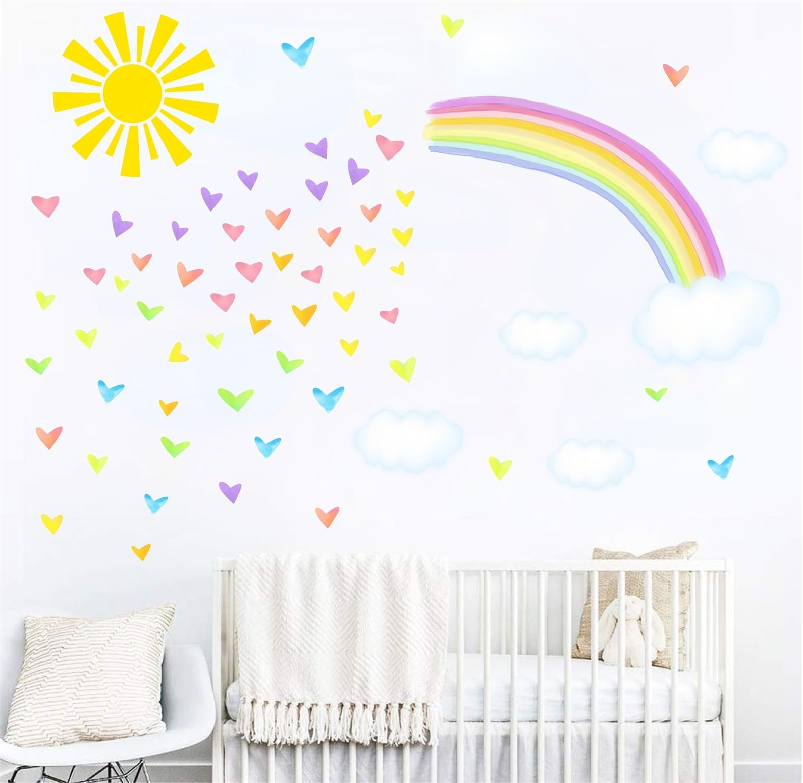 MOSITU Rainbow Wall Stickers 49 Pcs Watercolour Sun Cloud Heart Decals Removable Large for Nursery Bedroom Living Room Classroom Girls Her Decor — image 1