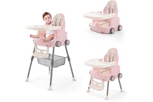 JAOUL High Chairs for Babies and Toddlers, Portable 3 in 1 High Chair, Adjustable Convertible Compact Infant Baby Feeding Chair Booster with Detachable Double Tray, 5 Point Harness, Foot Rest Pink