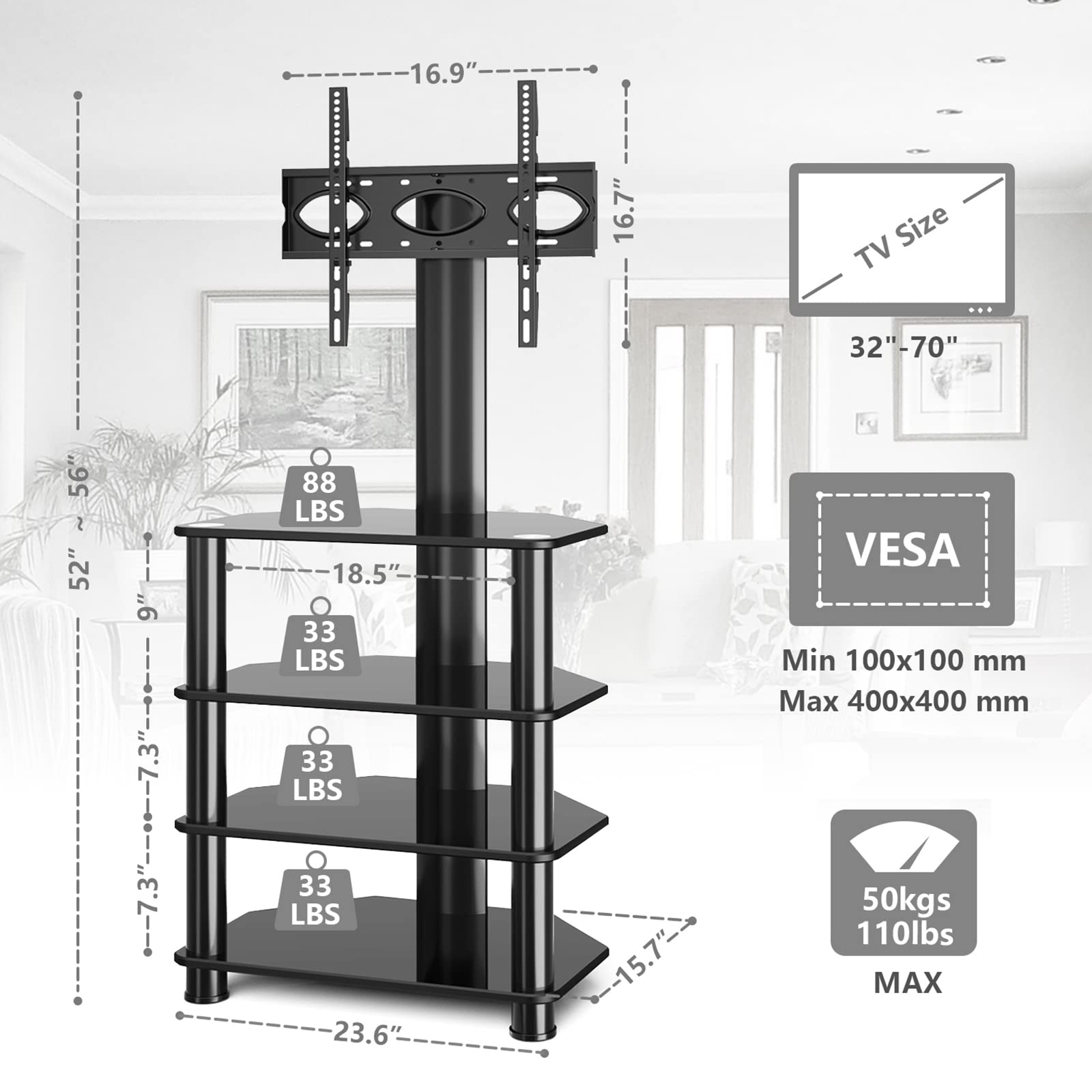 TAVR Furniture 4-Tiers Media Component TV Stand with Swivel Mount Audio Shelf and Height Adjustable Bracket, Black Floor TV Stand for 32-70 Inch LCD LED OLED Flat/Curved Screen TVs