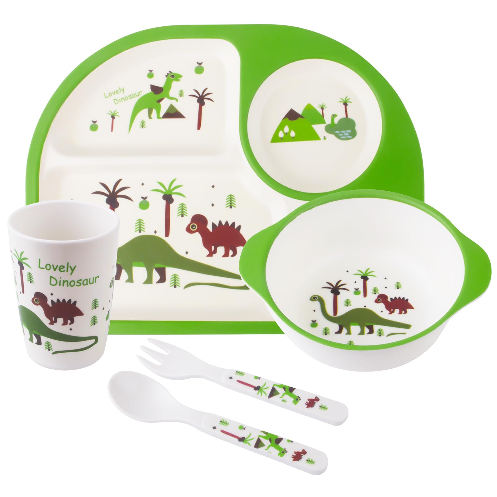 Kids Feeding Set 5 Pcs, Tableware Set for Toddlers Includes Plate Bowl Cup Fork and Spoon Utensil Flatware, Kids Flatware Set Dishwasher Safe, BPA Free (Dinosaur) — image 1