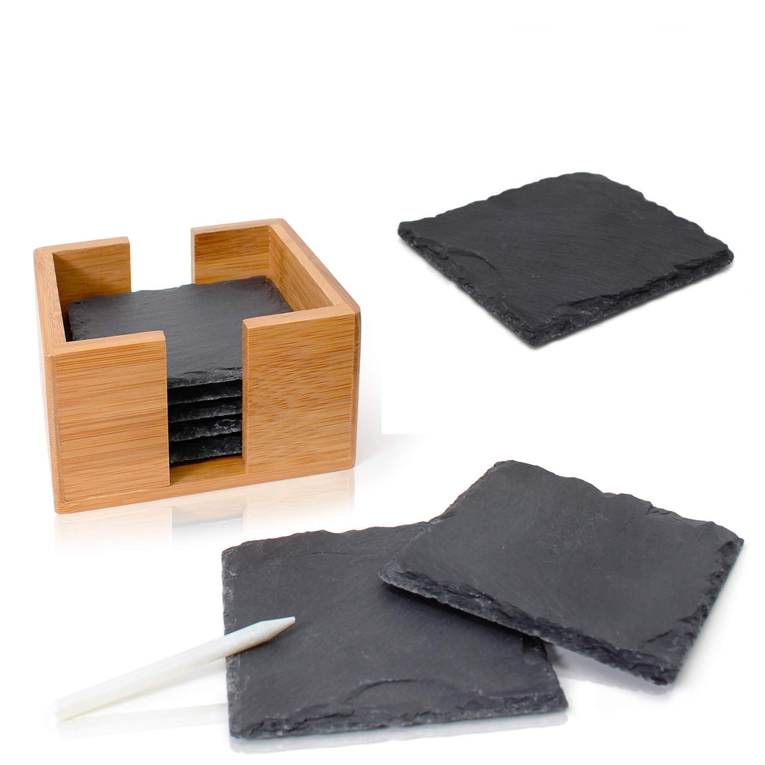 Amazy Slate Coasters + Chalk (Set of 8) Slate Drink Coasters with Handy Storage Box Made of Bamboo