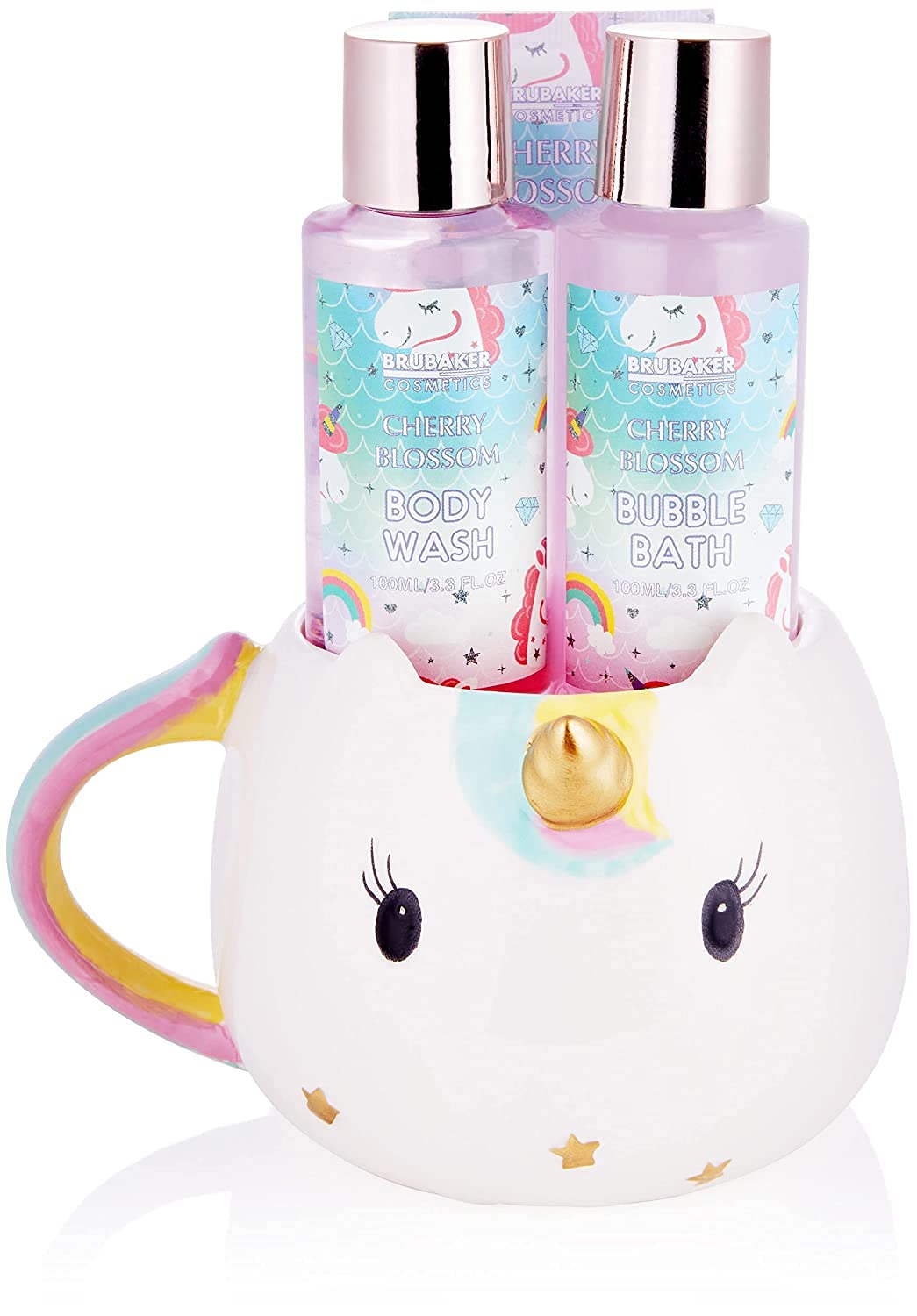 BRUBAKER Cosmetics 4-Pcs. Unicorn Bath and Shower Set - Cherry Blossom Scented - Gift Set in Unicorn Mug
