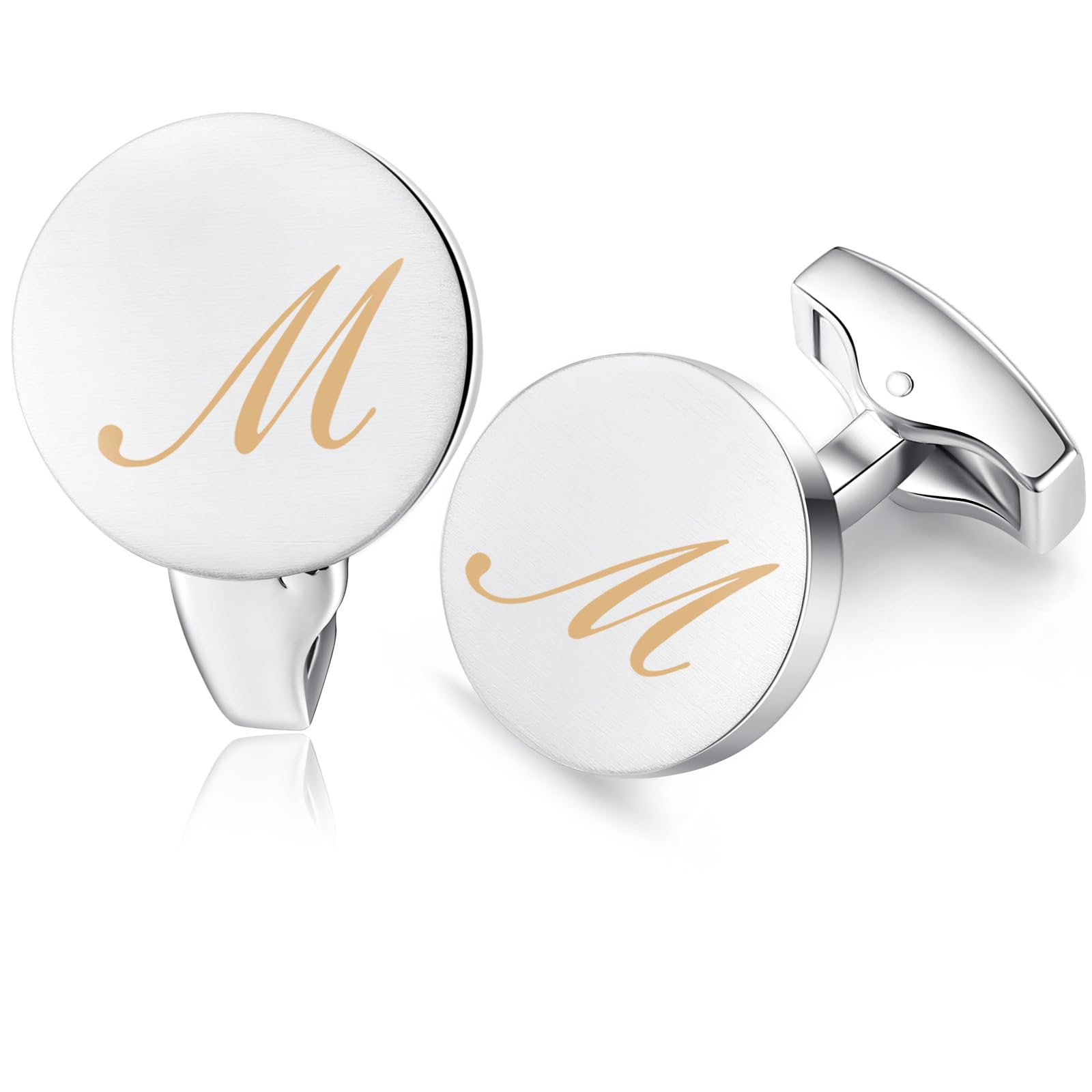 HONEY BEAR Initial Alphabet Letter Cufflinks for Men, Silver Round Shape Wedding Business Gifts A - Z (One pair M)