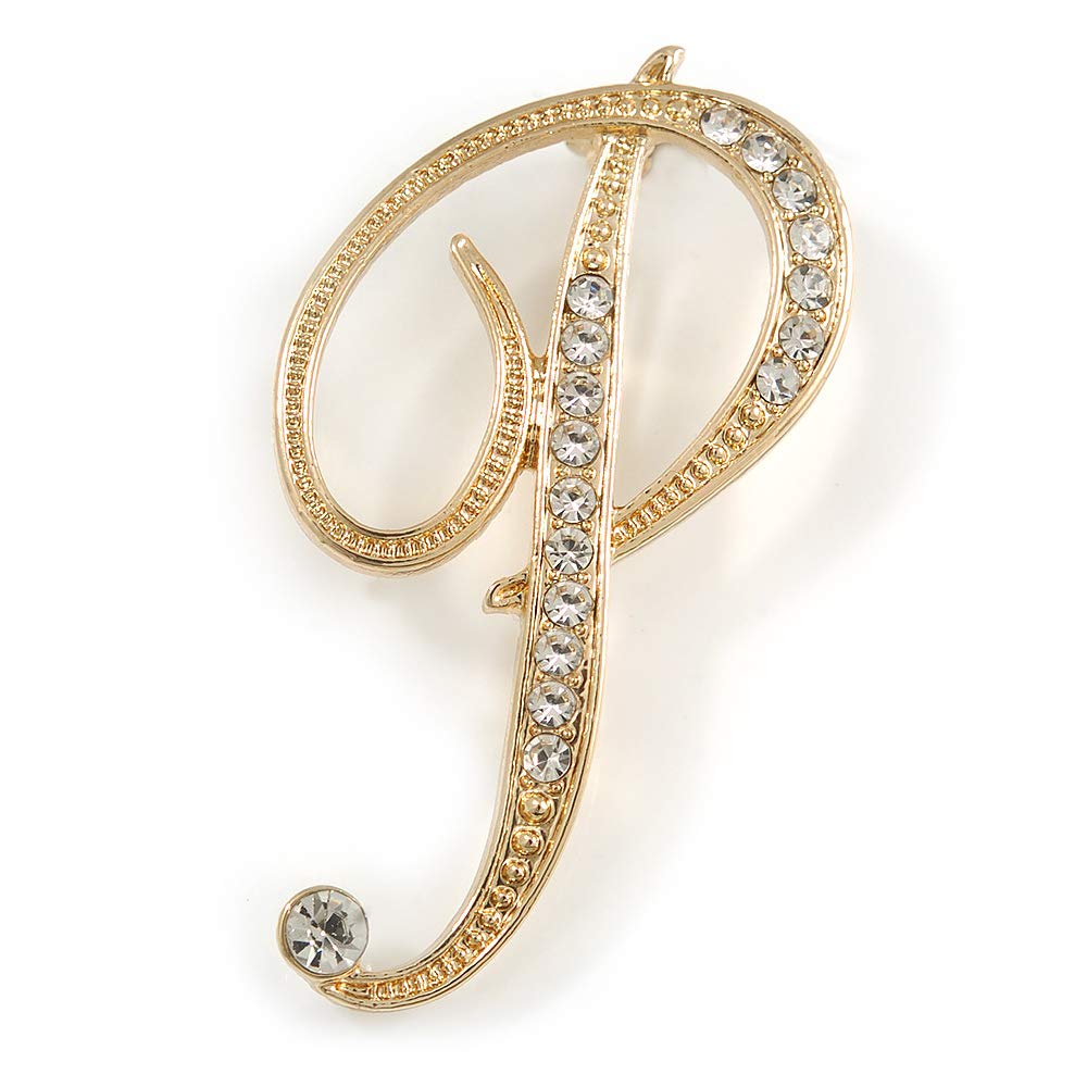 'P' Gold Plated Clear Crystal Letter P Alphabet Initial Brooch Personalised Jewellery Gift - 50mm Tall