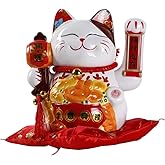 XIZHI 10 Inch Lucky Fortune Cat with Waving Arm Gold Operated Chinese Feng Shui Deoration Lucky Cat for Shops, Restaurants, Living Room
