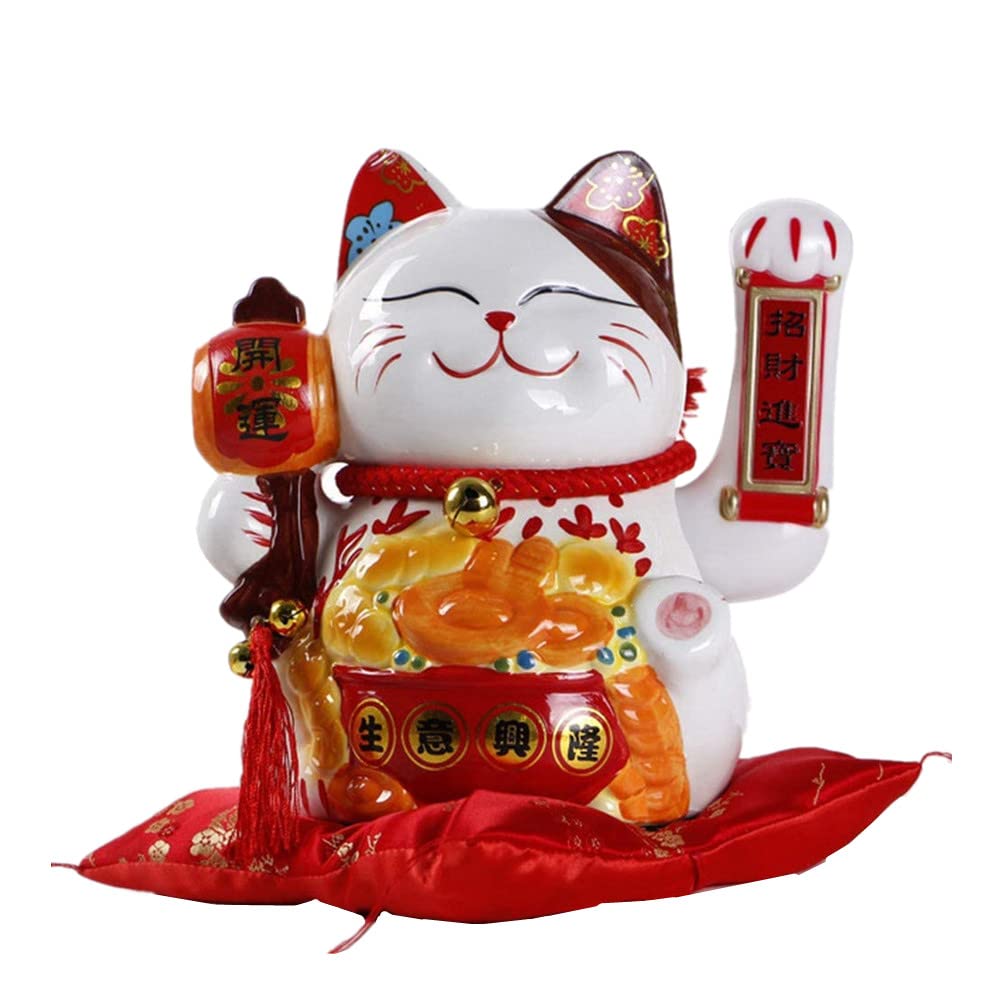 XIZHI 10" Lucky Fortune Cat with Waving Arm Gold Operated Chinese Feng Shui Deoration Lucky Cat for Shops, Restaurants, living Room