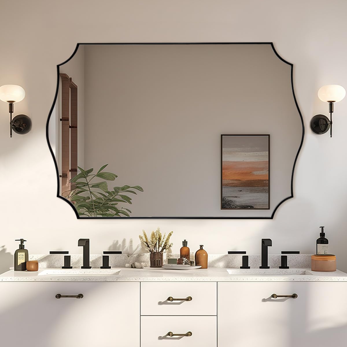 Photo 1 of ANDY STAR Matte Black Mirror, 24x36 Inch Scalloped Bathroom Mirror, Unique Wavy Rectangle Mirror in Stainless Steel Metal 1” Frame, Wall Mount Vertical or Horizontal