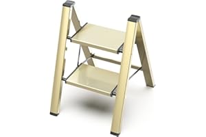 GameGem 2 Step Ladder, Aluminum Folding Step Stool with Anti-Slip Sturdy and Wide Pedal, Lightweight Portable Multi-Use Stepladder for Home and Kitchen Use Space Saving, Gold, 330 lbs