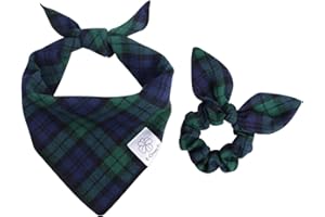 E-Clover Christmas Dog Bandanas Boy & Matching Scrunchie Set Plaid Dog Scarf Kerchief for Medium Large Dog Pet Bandana Owner Gifts Blue Green Fall