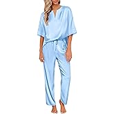 Ekouaer Satin Pajama Set Womens Silk Short Sleeve V Neck Shirt with Long Pant Soft Loungewear Pjs Set
