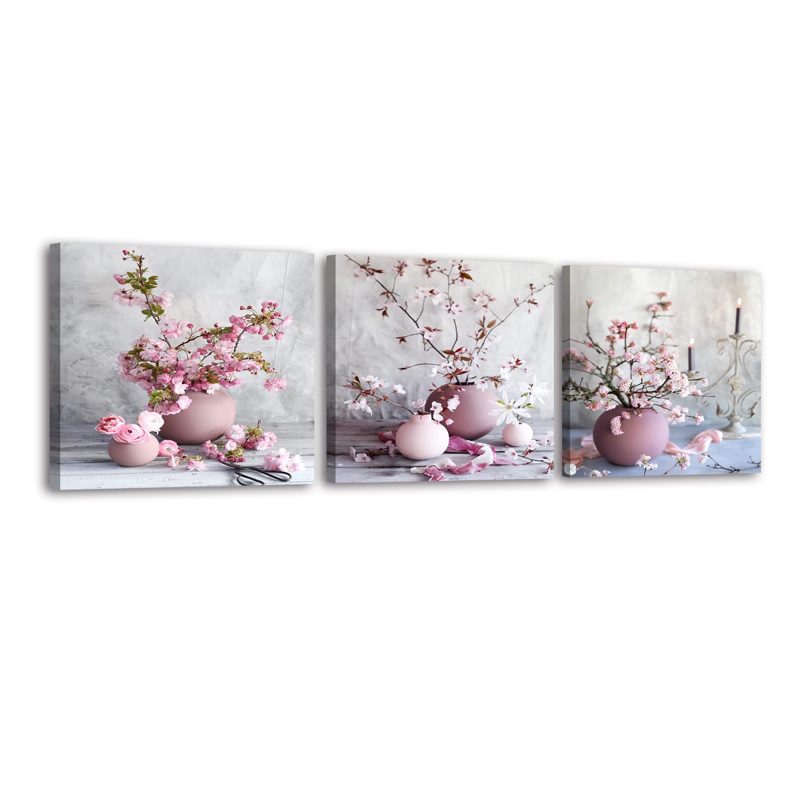 PIY PAINTING Set Of 3 Flower Wall Art Canvas Painting Elegant Cherry Blossom Paintings Flickering Peach Flowers Pink Theme Floral Prints Poster Wall Decor Pictures For Bathroom Bedroom Gallery 12x12in — image 1