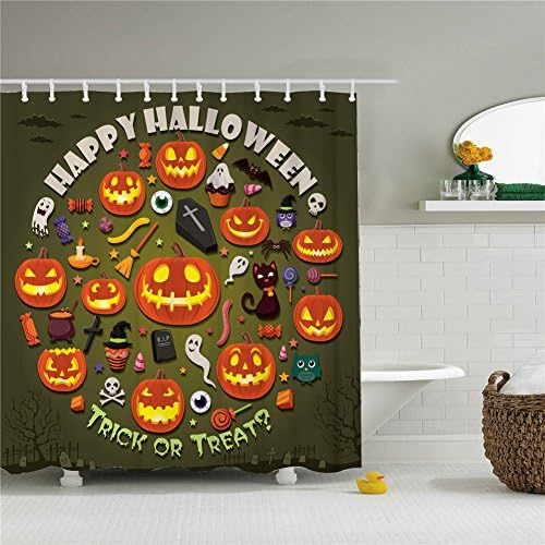 Halloween Pumpkin Party Shower Cutains-Water, Soap, and Mildew resistant Machine Washable 12 Shower Hooks are Included 66" x 72"
