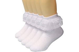 Looching 5 Pairs Toddler Baby Girls Ruffle Lace Socks Eyelet Mesh Cotton Frilly Ankle Soft Dress Kids Princess Socks 2-13T