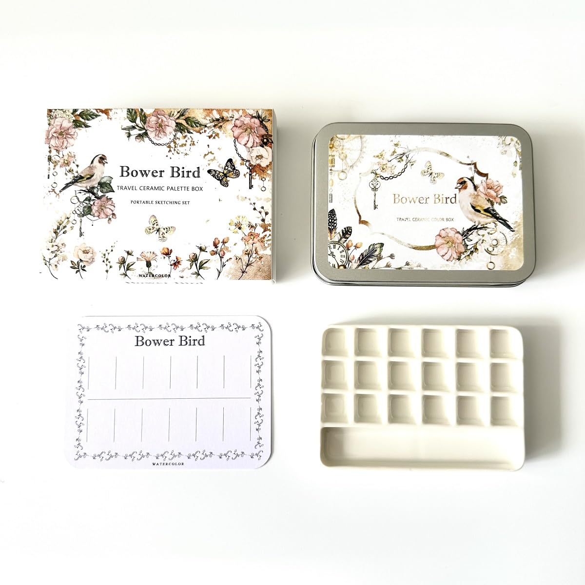 Photo 1 of Bower Bird Travel Watercolor Palette,Portable Ceramic Palette 6 Well,Empty Paint Palette,Small Travel Metal Paint Boxwith Porcelain Palette (18-Well)