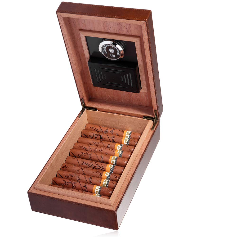 MEGACRA Cedar Cigar Humidor, Leather Cigar Box with Hygrometer and Humidifier Portable Travel Cigar Humidor Holds 10-20 Cigars