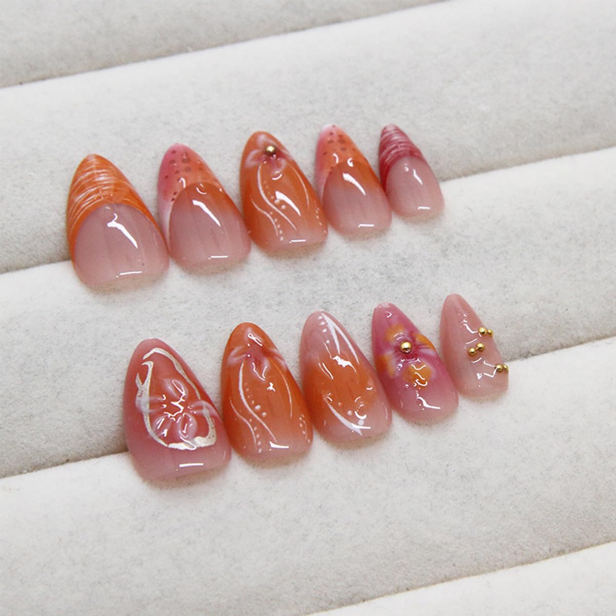 24Pcs Medium Press on Nails Almond Fake Nails with Flower Petal Charms Design Stick on Nails 3D Texture Ripple Flower Acrylic Nails Orange Pink French Tip Glue on Nails Stiletto False Nails for Women - Image 4