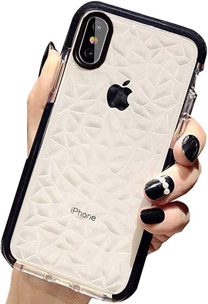 KUMTZO Compatible iPhone Xs/X Case, Crystal Clear Slim Diamond Pattern Soft TPU Anti-Scratch Shockproof Protective Cover for Women Girls Men Boys with iPhone Xs/X 5.8 inch - Black