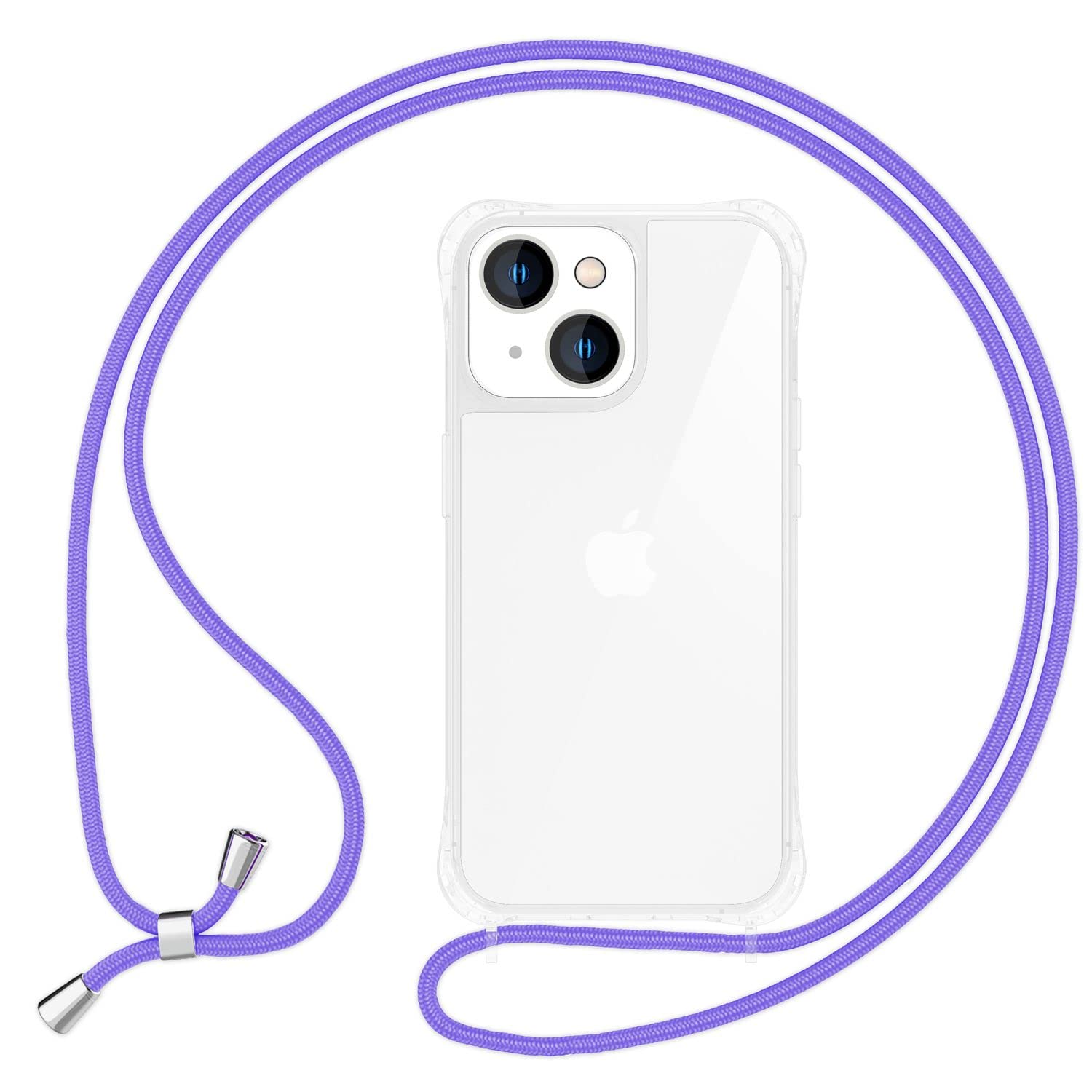 NALIA Necklace Case for iPhone 14 Plus - Transparent Hybrid Cover & Strap - HANGIT PRO (Anti-Yellow Back & Adjustable) - German Brand, Color:Purple