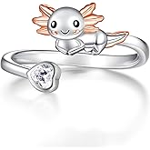 Zepmais 925 Sterling Silver Animal Ring - Adjustable Open Owl Axolotl Rings with Heart Cubic Zirconia Opal Cute Animals Jewelry Gifts for Women