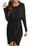 Aifer Women Casual Irregular Hem Pullover Loose Split Solid Sweater Dress with Belt