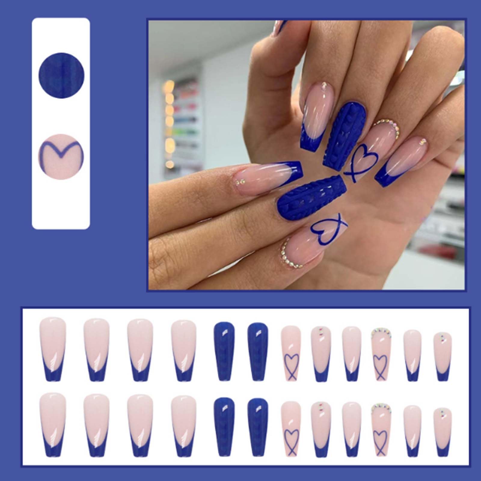 Gifiky Long Coffin False Nails Blue French Press on Nails Cute Nails Tips Acrylic Crystal Gem Design Fake Nails for Women and Girls 24Pcs - Image 2