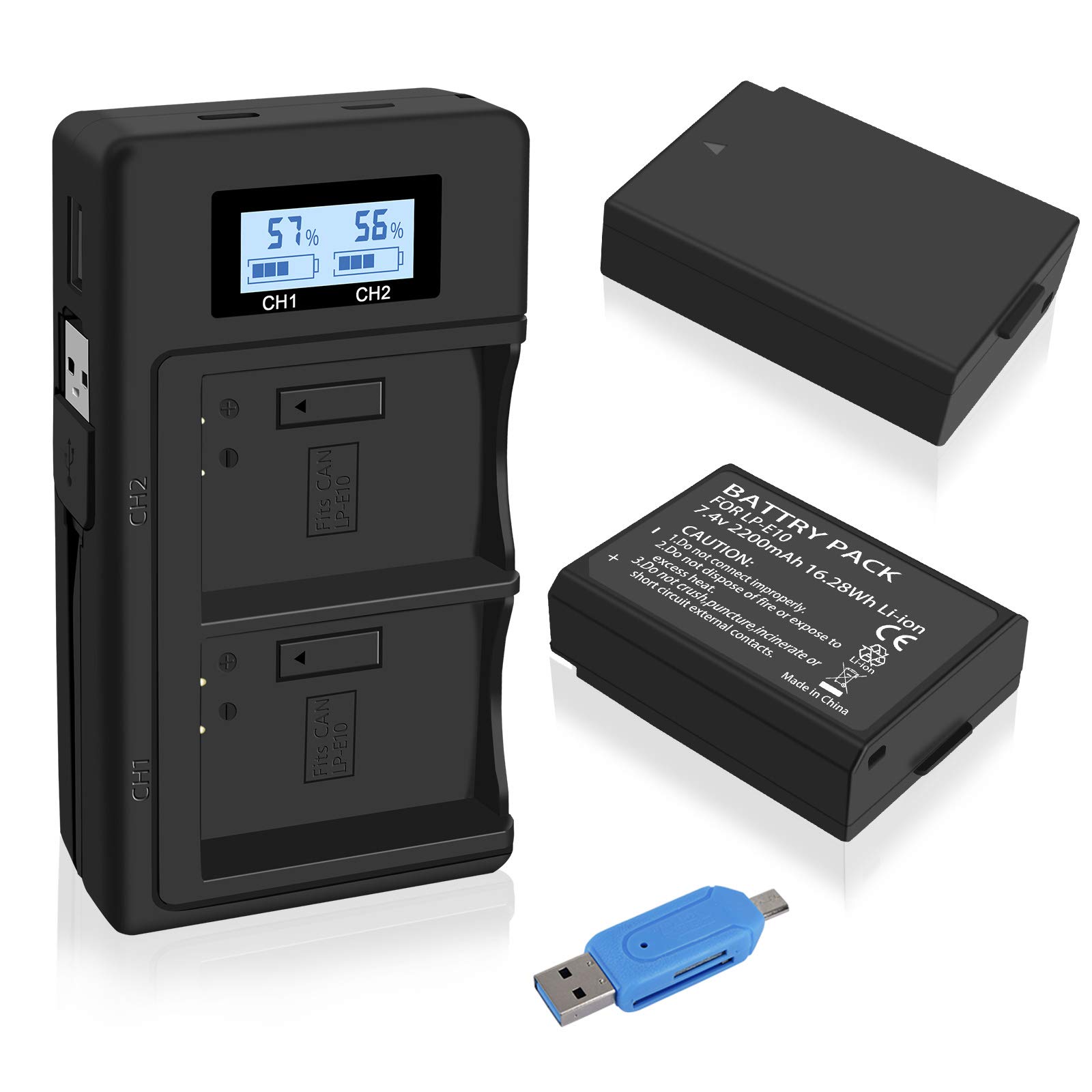 CITYORK 2 Pack 2200mAh LP-E10 Replacement Battery and USB Dual LCD Charger Compatible with Canon EOS 1100D, 1200D, 1300D, EOS Rebel T3, T5, T6，Kiss X50, Kiss X70 Digital SLR Camera