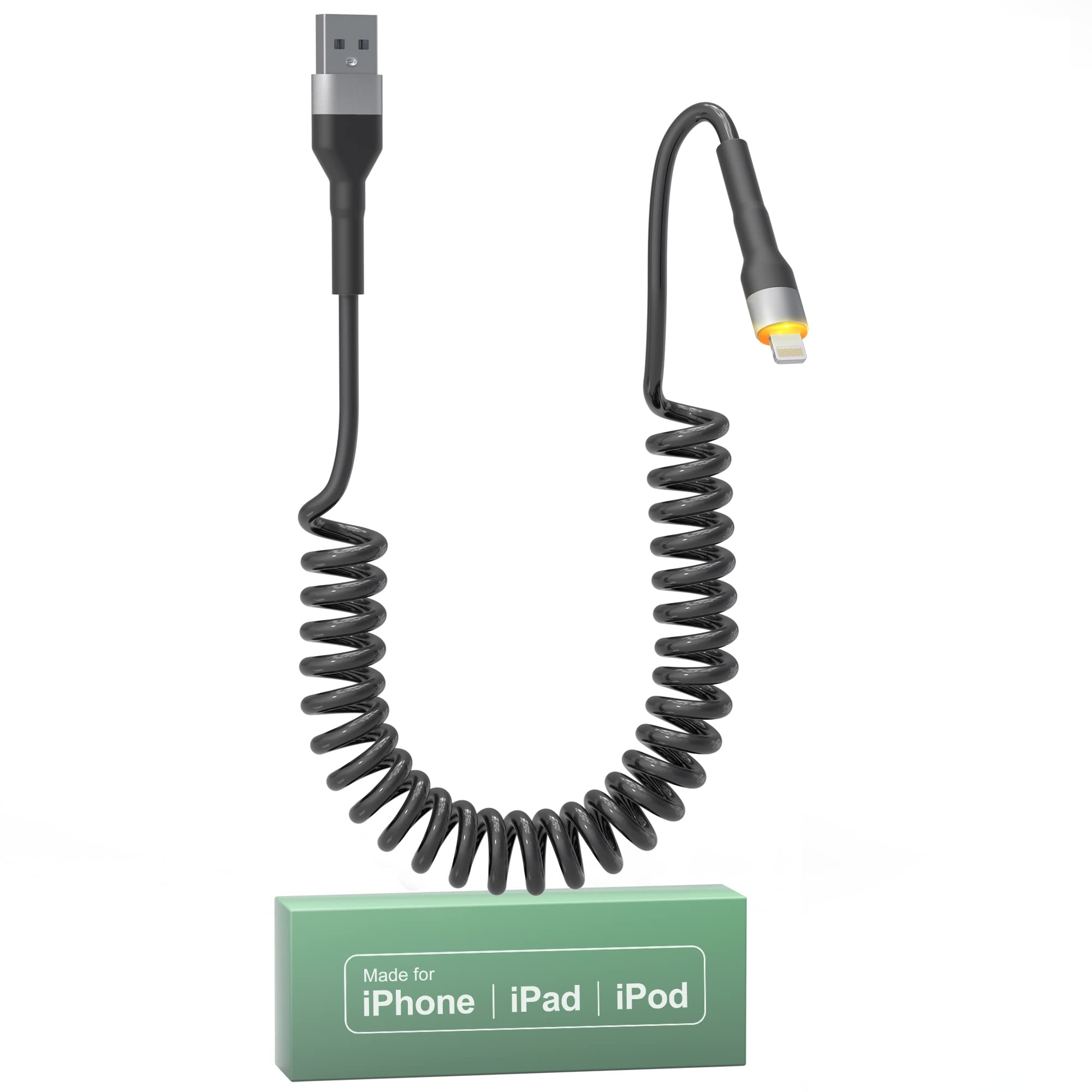 Photo 1 of Coiled iPhone Lightning Cable for Apple CarPlay, Coiled USB to Lightning Cable with MFi, Coiled Lightning Cable with Data Transmission & Yellow LED, Retractable iPhone Charger Cord for iPhone/Pad/Pod