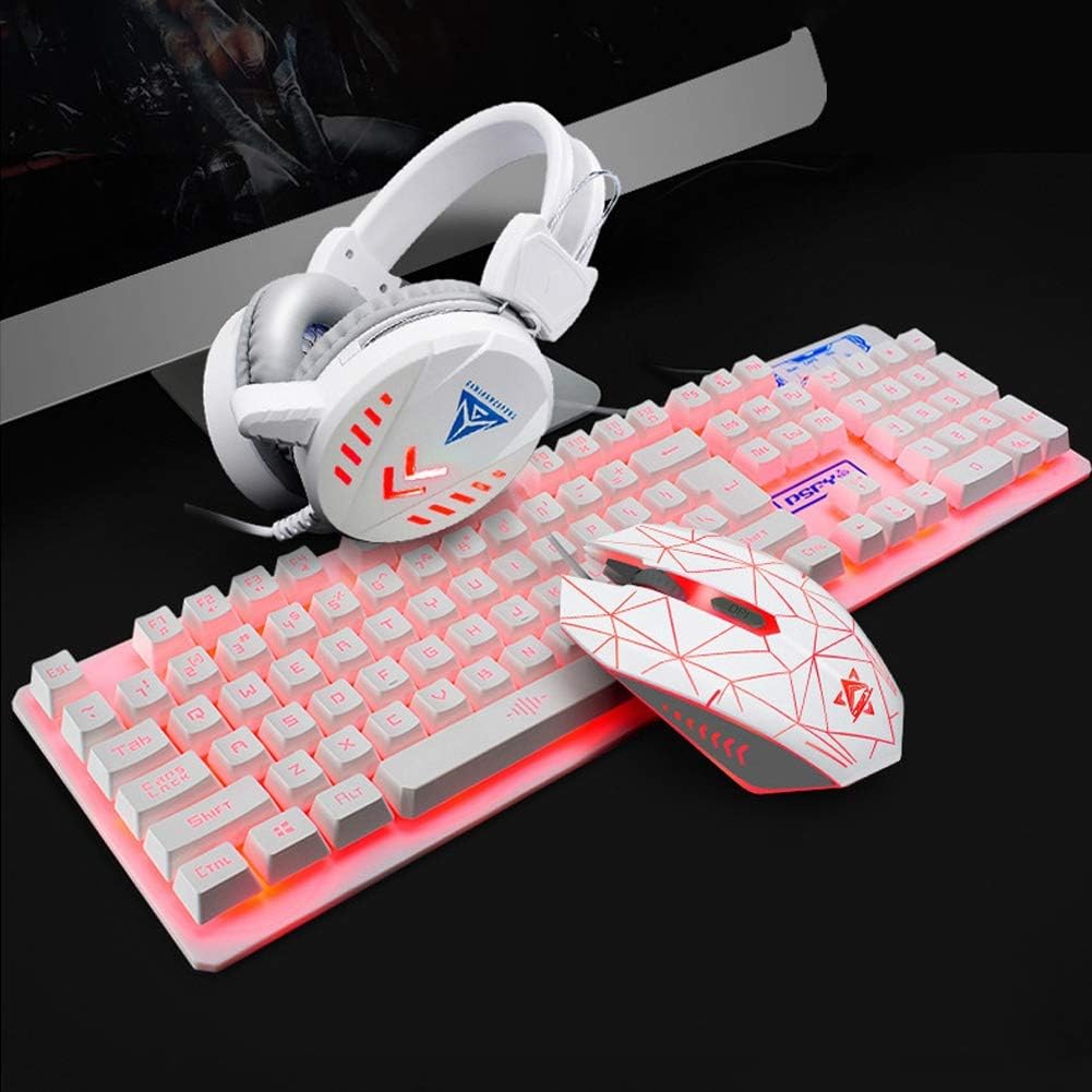 HUOGUOYIN Gaming Keyboard 4Pcs Gaming PC Headset Keyboard 1600 Mouse Pad Set Mechanical Feeling Backlight USB Wired for Computer Desktop Laptop Keyboard (Color : White Colorful Light)