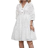 utcoco Women's 2025 Eyelet Lace Midi Dress V Neck Puff 3/4 Sleeve Button Tiered Sexy A Line Sun Dress