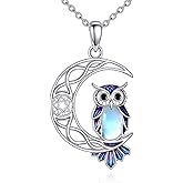 Vadmans Owl Birthstone Necklace Sterling Silver Celtic Moon Pendant Cubic Zirconia Owls Jewelry Birthday Gifts for Women Men