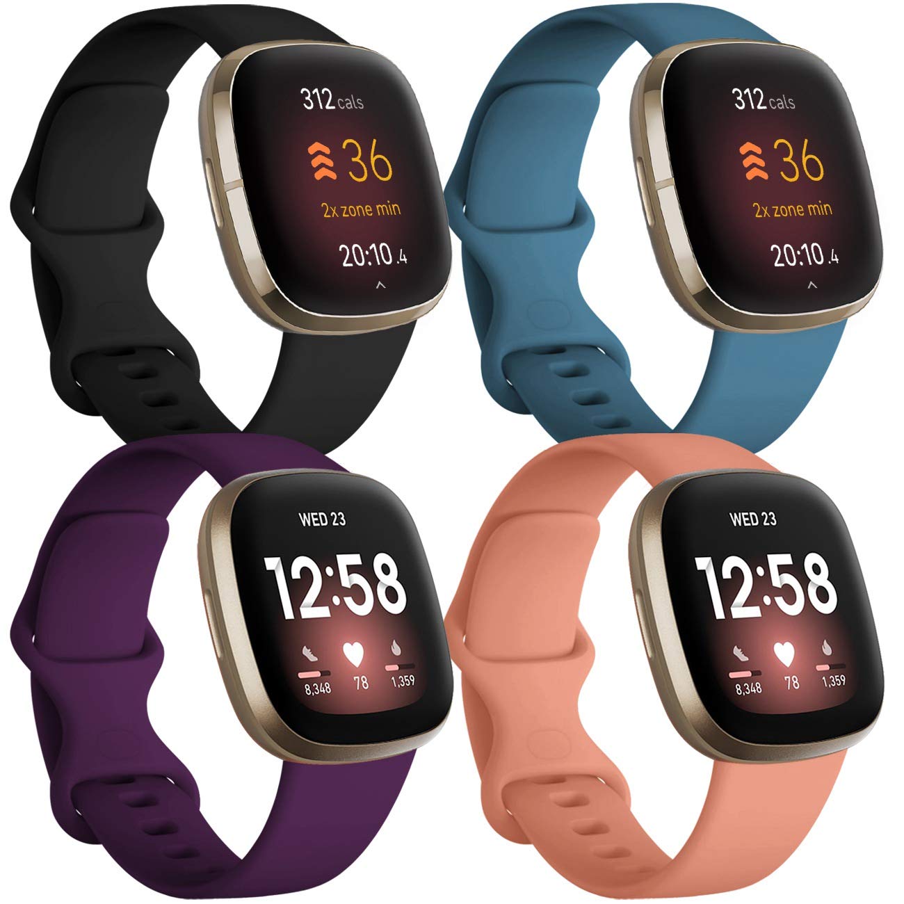 JUVEL Pack 4 Straps Compatible with Fitbit Versa 3 Strap/Fitbit Versa 4/Fitbit Sense/Sense 2 Strap, Soft Sport Silicone Replacement Wristbands, Women Men, Large Small