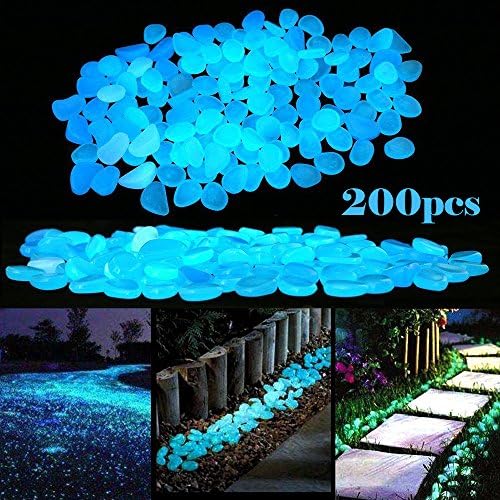 LFBEST 200pcs Glowing Garden Pebbles, Glow in the Dark Pebbles Decorative Stones For Bicycle Pathway Walkways &amp; Decor, Solar Power Luminous Stones Glowing Rocks for Plants Pot, Fish Tank (Blue)