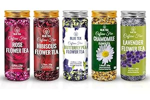 BLUE TEA - Flower Tea Combo - 5.64 Oz (Pack of 5) | Black Deals Friday 2025 | Butterfly Pea, Rose, Hibiscus, Chamomile, Lavender | VARIETY PACK | Caffeine Free - Non-Bitter - Herbal Tea - Flower Based | Pet Jar Pack