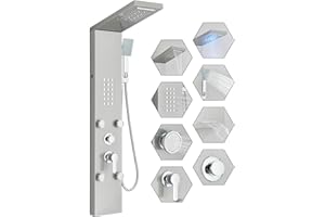 FUZMONOERE Fuz LED Shower Panel Tower System, 5 Function Stainless Steel Brushed Nickel Shower Tower with Rainfall Shower Head and Handheld, 4 Body Jets and Waterfall Tub Spout, High Pressure Shower Column